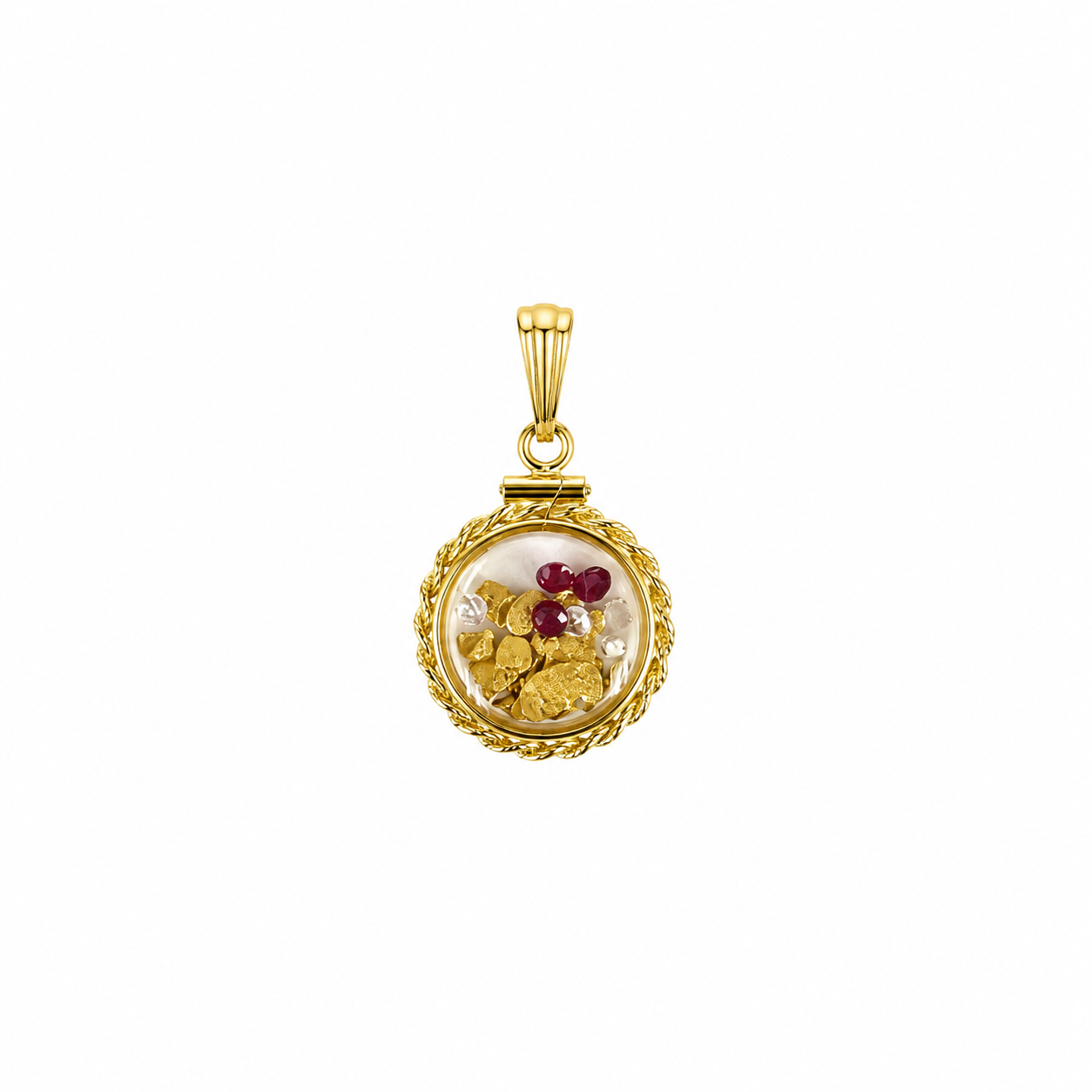Medium 14ct Gold Bezel Pendant with Rubys