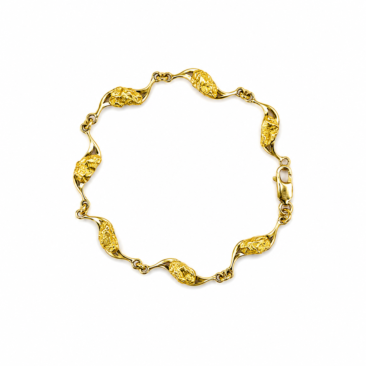 14kt Natural Gold Nugget Wave Link Bracelet - 19cm